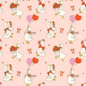 Valentine seamless pattern silly goose love delivery hand drawn in a cute p.. イラスト素材
