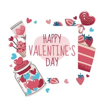 Valentine square border with cake, chocolate, strawberry, candy and love hear Stock Illustration