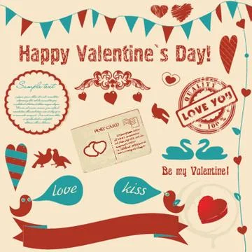 Valentine`s background with retro elements and banners (hearts, birds, frames) Illustrazione stock