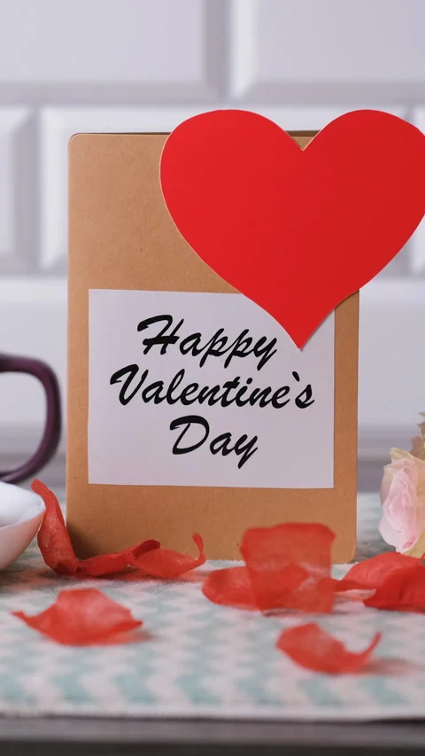 Valentines breakfast table with flowers decor Stock Footage 327600736