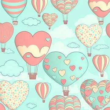 Valentines card and seamless pattern with cute air balloons, papercut, Made.. Stock Illustration