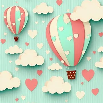 Valentines card and seamless pattern with cute air balloons, papercut, Made.. Stock Illustration