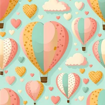 Valentines card and seamless pattern with cute air balloons, papercut Stock Illustration
