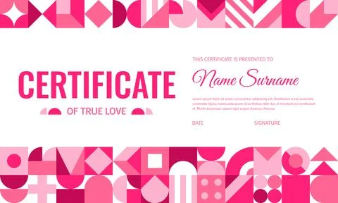 Valentines certificate with pink patterned border Stock Illustration