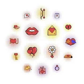 Valentines comics icons set Stock Illustration