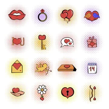 Valentines comics icons set 스톡 일러스트