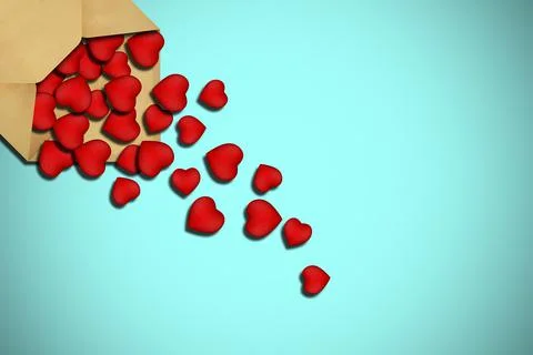 Valentine's Day. 3D rendering A lot of hearts spill out of the mail envelope. Stock Illustration
