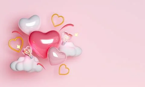 Valentine's day abstract background with 3d heart shape balloons and confetti Stock Illustration