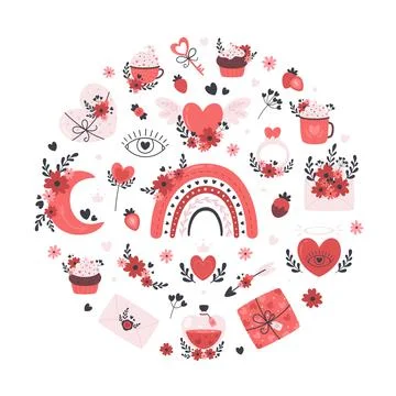 Valentines Day and romantic elements set. Love, wedding, Valentines day Illustrazione stock