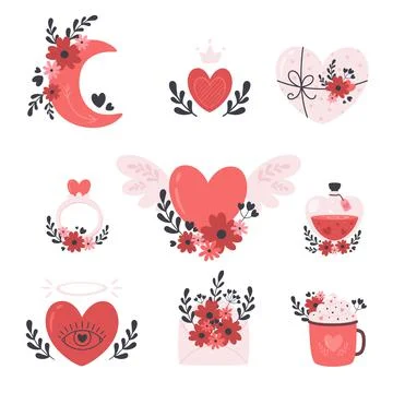 Valentines Day and romantic elements collection in boho style イラスト素材