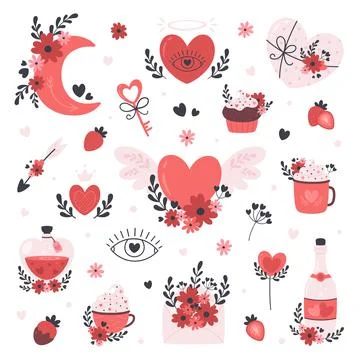 Valentines Day and romantic elements collection in boho style Illustrazione stock