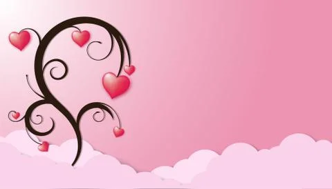 Valentine's Day background with 3d Red hearts hanging on a tree branch and cl Stock Illustration
