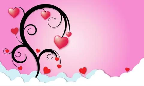 Valentine's Day background with 3d Red hearts hanging on a tree branch and cl Stock Illustration