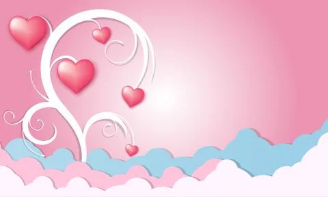 Valentine's Day background with 3d Red hearts hanging on a tree branch and cl Stock Illustration