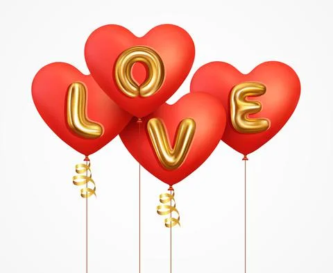 Valentine's day background. 3d red balloons heart with gold metallic text let Stock Illustration