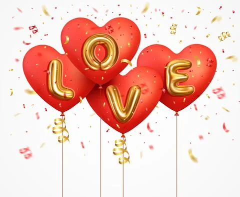 Valentine's day background. 3d red balloons heart with gold metallic text let Illustrazione stock