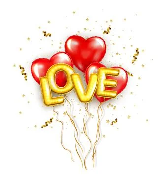 Valentine's day background with 3d red balloons in shape heart with gold Иллюстрация