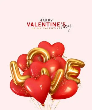 Valentine's day background with 3d red balloons in shape heart with gold me.. Stock Illustration