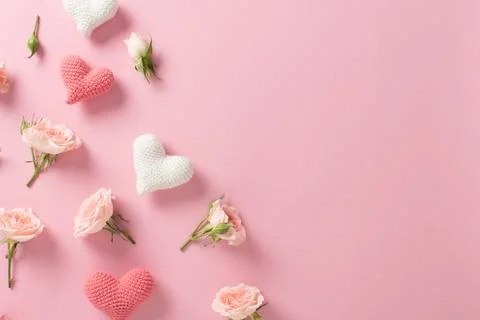 Valentine's Day background. Banner layout with roses and hearts on a light pi Stock Photos