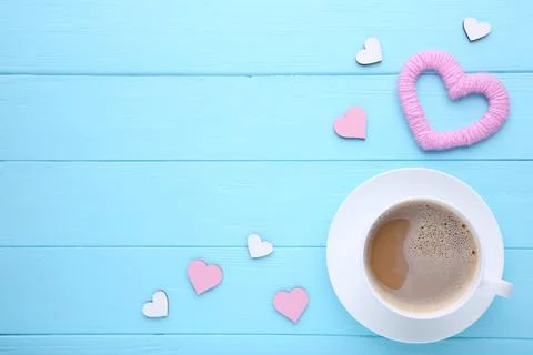 Valentine's day background with decoration. Composition on blue background. Stock Photos