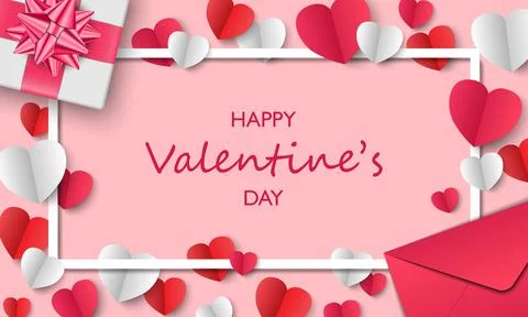 Valentine's Day background, Gift box, envelope and  paper hearts Stock Illustration