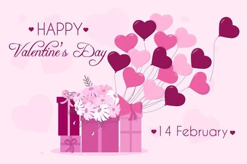 Valentines day background with gifts, flowers and balloons. Stock Illustration