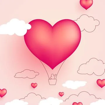 Valentines day background with heart shape hot air balloon and a boy saying h Illustrazione stock