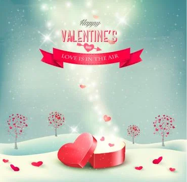 Valentine`s day background with an open red gift box. vector. Stock Illustration