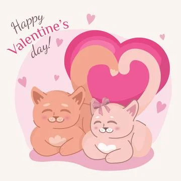 Valentines day on the background of a pair of cute cats with a pink heart on  Ilustração Stock