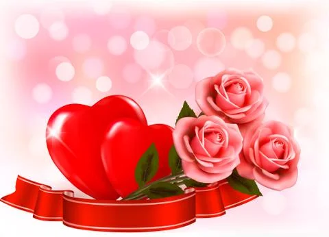 Valentine`s day background. three red roses with two hearts and ribbon. vecto Stock Illustration
