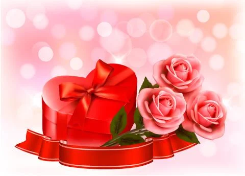 Valentine`s day background. three red roses with red heart-shaped gift box. v Stock Illustration