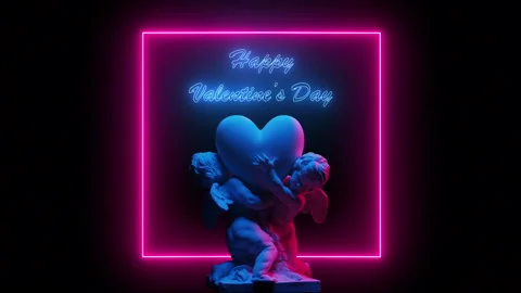 Valentines Day Background Of Two Cupids Hold A Big Heart In Neon Light Видео 123367765