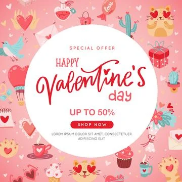 Valentines day banner with cute elements, hand drawn calligraphy on pink 库存插图
