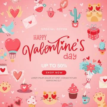 Valentines day banner with cute elements, hand drawn calligraphy on pink Illustrazione stock