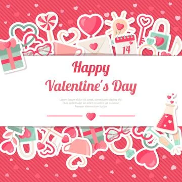 Valentines Day Banner With Flat Icons Stickers on Pink Background Stock Illustration