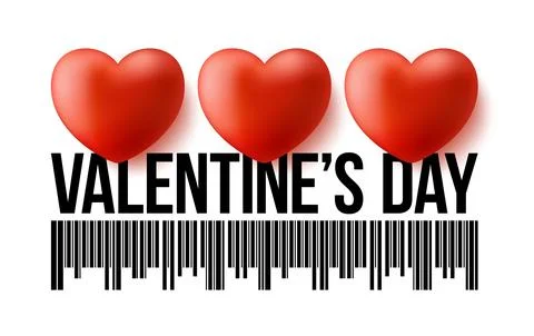 Valentines Day Bar Code with three realistic 3d heart. Love valentine day Vec Stock Illustration