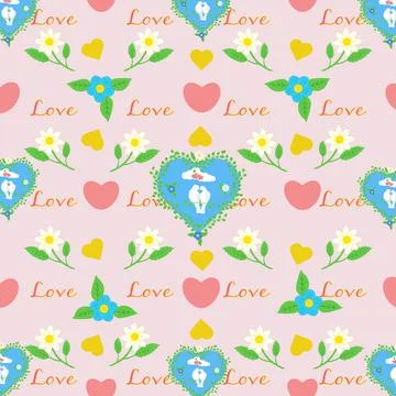 Valentines Day bright pattern  with doves and flowers Stock Illustration