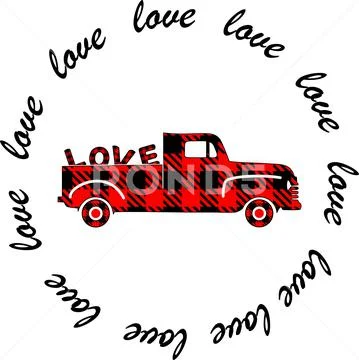 Valentines Day Buffalo plaid Truck on white background Stock Illustration