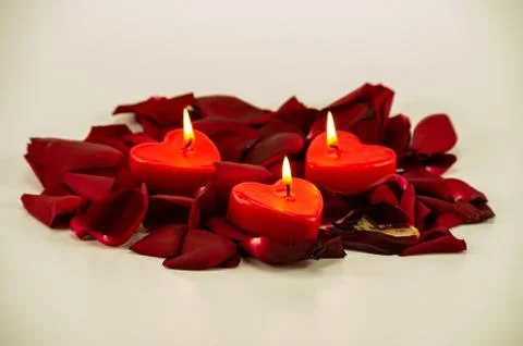 Valentine's Day burning  heart red candles rose petals Stock Photos