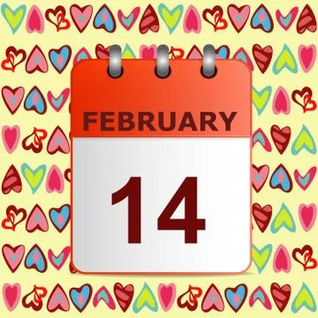 Valentine's day, calendar icon on pattern with colorful hearts Stock Illustration