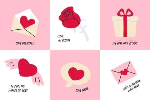 Valentine's Day card collection featuring hand-drawn romantic illustrations. Stock Illustration