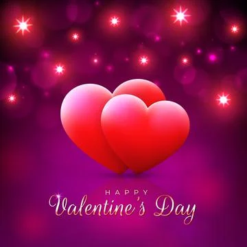 Valentine's day card, red hearts on magenta, purple background, bright lights Stock Illustration
