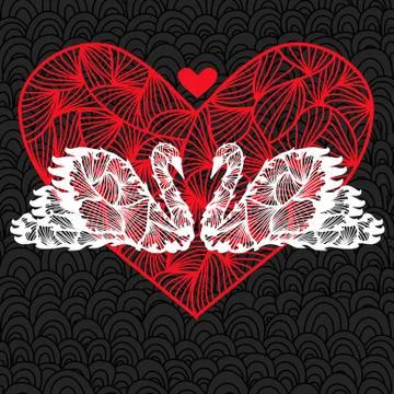 Valentine's day card with two elegant white swans and big red decorative heart Stock Illustration