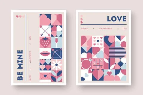 Valentines Day cards with geometric patterns featuring hearts, arrows, flow.. Illustrazione stock