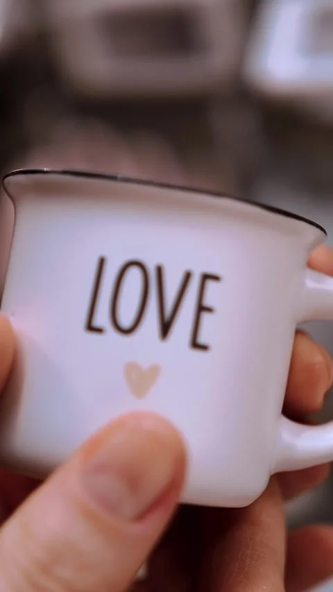 Valentine's Day. close-up. small coffee cup, writing love, on the palm. gift on Stock Footage 315365954