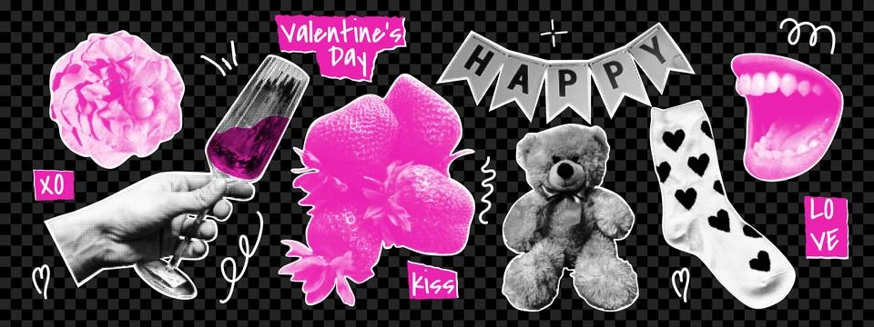 Valentine's Day collage elements in halftone texture. Rose, glass of wine, .. Stock Illustration