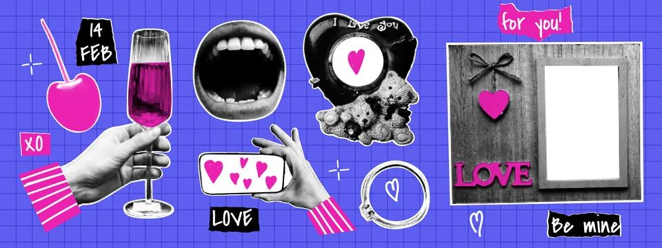 Valentine's Day collage elements with halftone effect. Cherry, lips, ring, .. Illustrazione stock