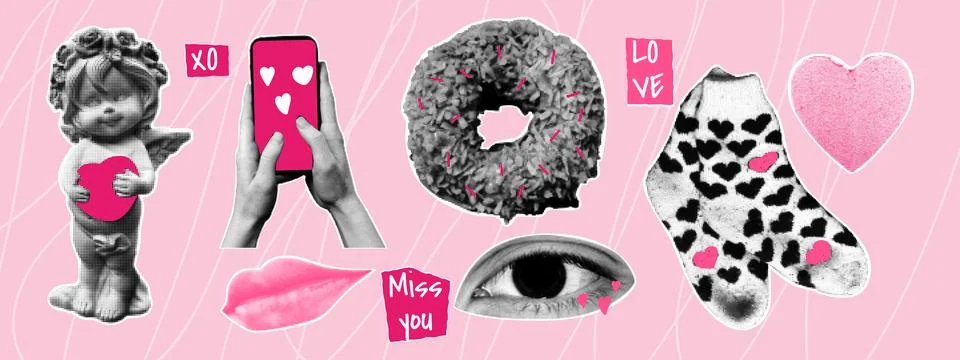Valentine's Day collage elements set. Angel, lip, eye, socks, heart, donut... Illustrazione stock