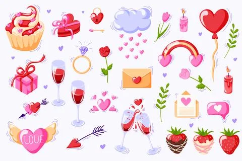 Valentines Day collection of elements and stickers in cartoon style. Heart shape Illustrazione stock