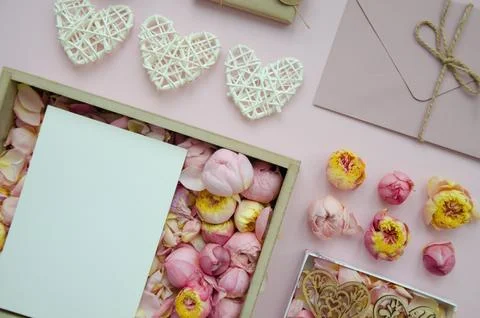 Valentine's Day composition. Flat lay of white hearts, handmade gift box 스톡 사진